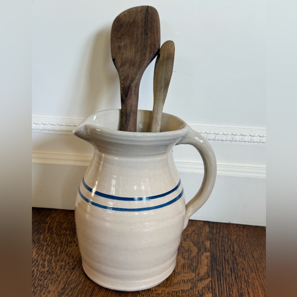 Vintage Stoneware Pitcher with Blue Stripes – 9x9 Crock Jug Utensil Holder